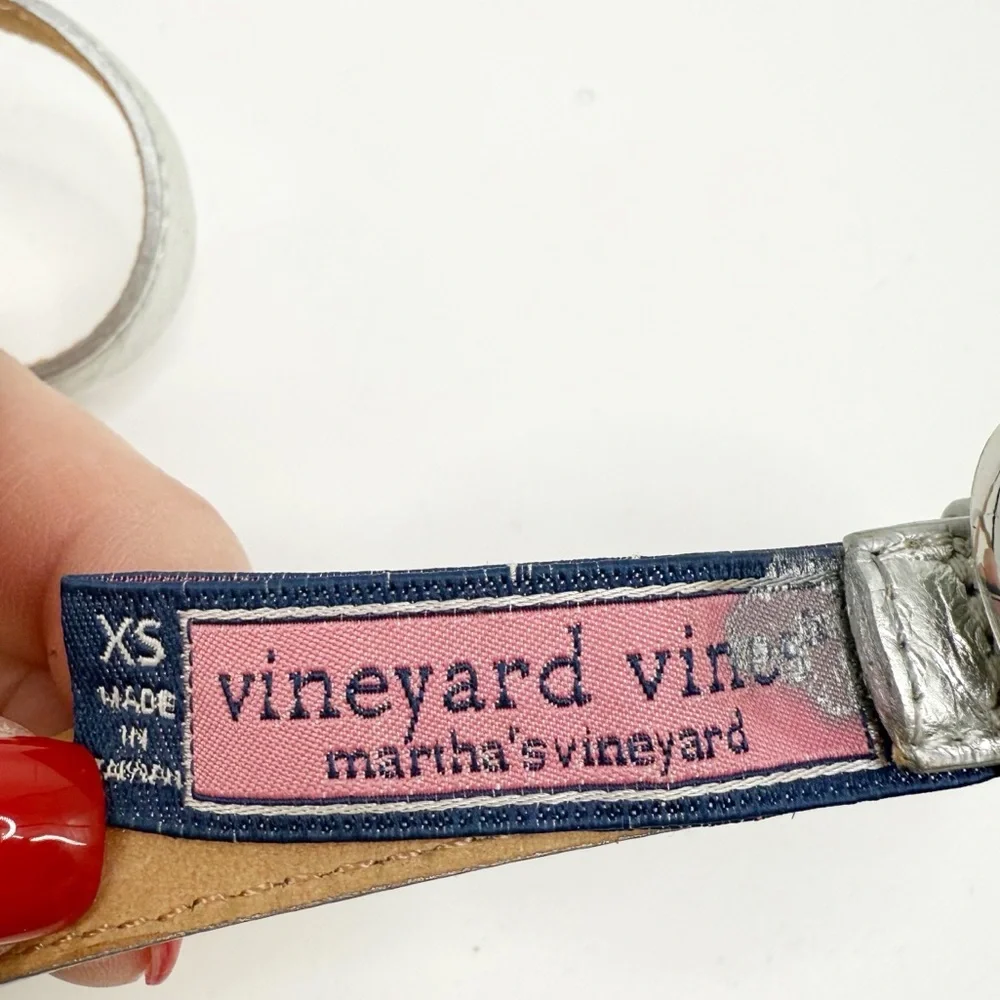 Vineyard Vines Silver Leather Skinny Belt With Silver Buckle, Size XS